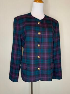 Vintage Alfred Dunner Teal Purple Plaid Blazer Sz 12